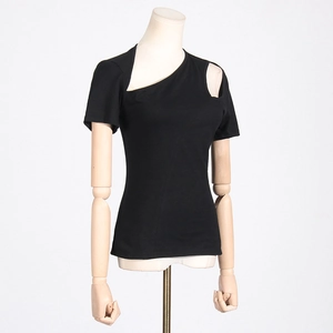 Detail of black one-shoulder cutout T-shirt showing asymmetrical hollow-out design details
