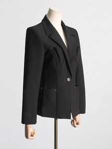 Slim fit black women's blazer with V-neck lapel and single-button closure side view