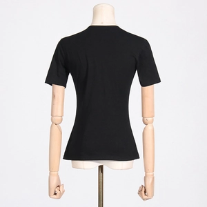 Back view of a slim fit black cotton knit T-shirt with hollow design on a mannequin