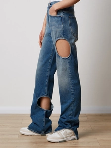 Jeans Femme Taille Haute Ajouré Jambe Droite Pantalon en Denim Lavé Bleu Streetwear Mode Décontracté Pantalon Long