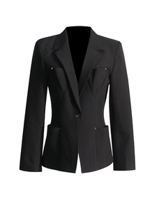 Women's black V-neck blazer with structured utility pockets and silver rivet detailing