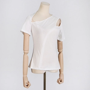 Detailed front view of white one-shoulder t-shirt with asymmetric cutout design on mannequin