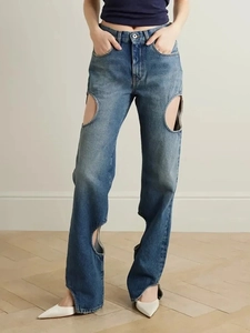 Jean taille haute coupe droite avec découpes circulaires et délavage bleu style décontracté