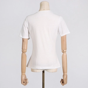 Close-up of the smooth back view and curved hem of this white slim-fit cotton T-shirt