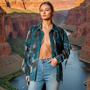 Detail of metallic oversized denim jacket with camo pockets and long ribbon accents