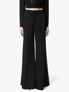 Elegant black high-waisted wide-leg trousers featuring sparkling side sequin embellishments