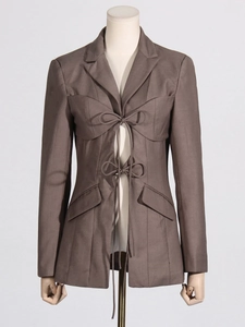 Chic brown V-neck blazer with hollow-out tie-up closure and slim tailored waist