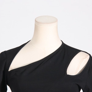 Detail of black one-shoulder top showing hollow-out neckline design and premium stitching