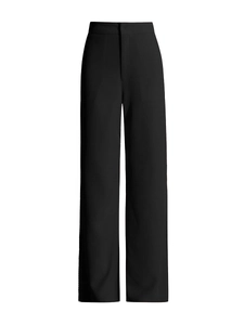 Elegant high-waisted black wide-leg trousers with refined drape and side rhinestone detail