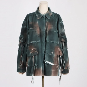 Detail of cargo jacket showing multi-pocket design and street style dyed pattern