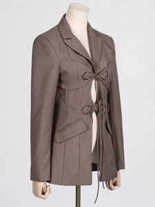 Chic dark brown blazer with V-neck hollow design and waist-tie bow details