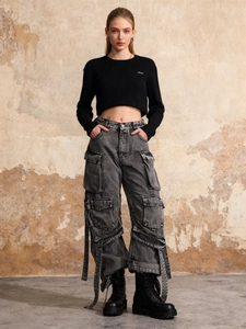 Women High Waist Cargo Denim Jeans Multi Pocket Ribbon Design Hollow Out Straight Wide Leg Washed Grey Streetwear Pants