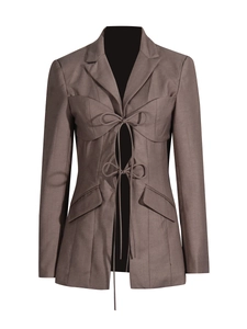 Chic v-neck hollow blazer with tie-waist in dark khaki, featuring a stylish irregular design