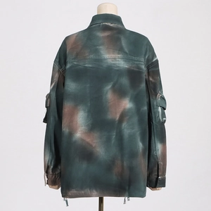Detailed back view of a distressed camouflage jacket with functional utility sleeve pockets
