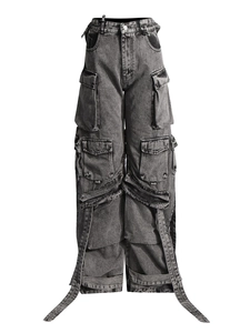 Women's vintage washed grey cargo jeans with multi-pockets and decorative long straps