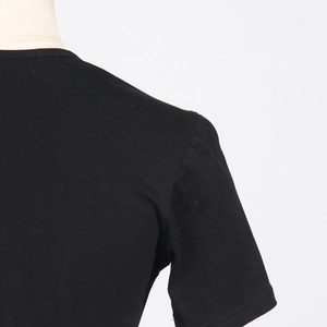 Close-up of neckline and shoulder stitching on a premium black cotton short sleeve t-shirt
