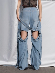 Women's light blue cutout cargo jeans with multi-pockets and decorative long ribbons