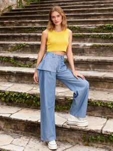 Jeans Femme Taille Haute Jambe Large Mode Denim Bleu Clair Droit Ample Pantalon Long Avec Design De Taille À Plusieurs Couches