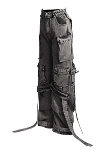 Loose dark gray cargo jeans with multiple pockets and decorative ribbons for women