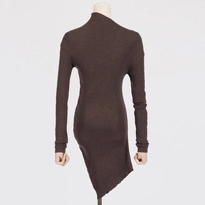 Rear view of brown ribbed knit mini dress with slim fit and asymmetrical hemline detail