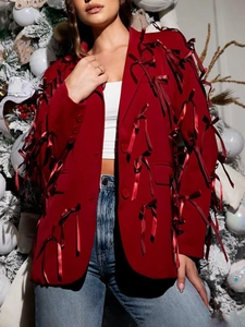Women Fashion V-Neck Long Sleeve Blazer With 3D Satin Bow Patchwork Design Loose Suit Jacket For Party Streetwear Top