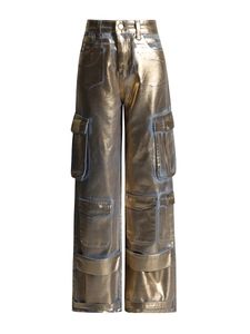 Pantalon cargo doré métallisé à taille haute avec multi-poches et coupe jambe large