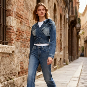 Detail of blue denim jacket showing cross-wrap waist tie and utility pocket design