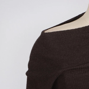 Detailed view of dark brown off-shoulder knit dress with fine ribbed texture and slim fit