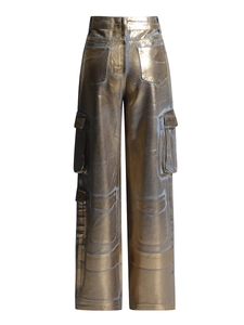 Jean cargo taille haute bronze métallisé avec revêtement doré et poches fonctionnelles