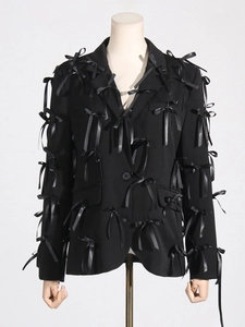 Fashionable V-neck black blazer for women with 3D satin bow embellishments and slim fit