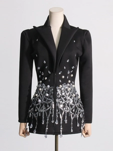 Elegant black blazer dress with V-neckline featuring sequin tassels and pearls detail