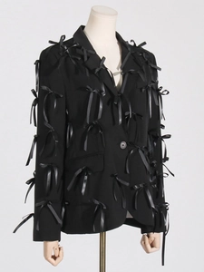 Chic black V-neck blazer for women with 3D satin bow patchwork and single button