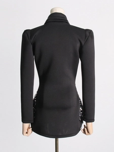 Women's black V-neck blazer dress with sequin details and structured shoulders
