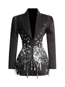 Elegant black V-neck blazer dress featuring sequin fringe and crystal rhinestone details