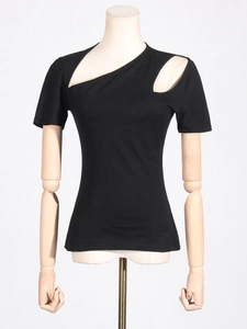Slim fit black off-shoulder t-shirt for women featuring asymmetrical cut-out shoulder detail