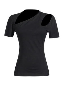 Women's black off-shoulder t-shirt with asymmetric cutout design and slim fit style