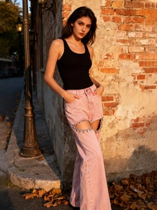 Damen High Waist Strass Ausschnitt Weites Bein Jeans Rosa Washed Denim Gerade Hose Streetwear Trendige Mode Hose