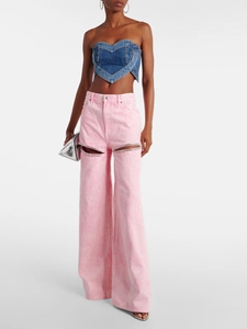 Rosa Weitbein-Jeans für Damen mit Strass-Ausschnitten und Herz-Jeans-Korsett-Top