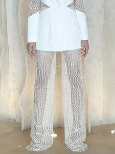 Pantalon Large Sexy Blanc en Maille Design de Vagues Taille Haute Transparent Pantalon Long Décontracté pour Fête Été Club