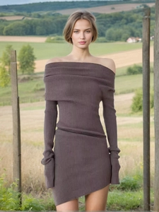 Women Off-Shoulder Asymmetric Ribbed Knit Mini Dress Slim Fit Long Sleeve Solid Coffee Elegant Party Bodycon Short Dress