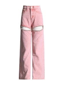 Rosa Jeans mit hoher Taille, Cut-out und funkelnden Strassfransen für einen modischen Look