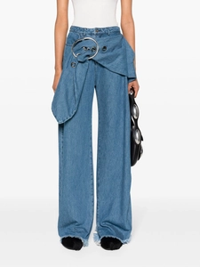 Women's light blue wide-leg jeans with metal ring waist detail and raw edge hem