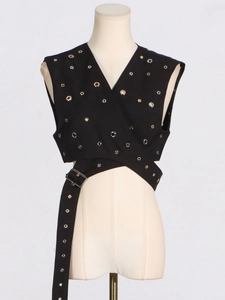 Sleeveless black V-neck vest with silver rivets and adjustable belted waist design