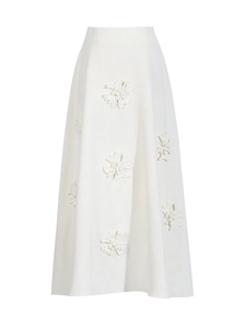 Elegant white high-waisted A-line maxi skirt with exquisite 3D floral applique detailing