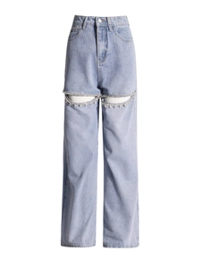 Hellblaue High-Waist-Jeans mit weitem Bein und schicken Strass-Mondsichel-Ausschnitten