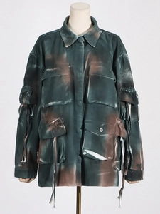 Vintage tie-dye camo cargo jacket with multiple utility pockets and decorative straps