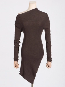 Brown off-the-shoulder ribbed knit mini dress with asymmetric hem and slim fit design