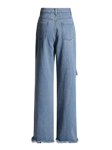 Women's light blue high waist wide leg jeans with classic rear pockets and frayed hems