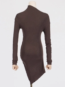 Brown long sleeve knit dress with asymmetric off-shoulder neckline and ribbed texture