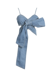 Hellblaues Denim Crop Top mit einer großen Modeschleife und schmalen Schultergurten